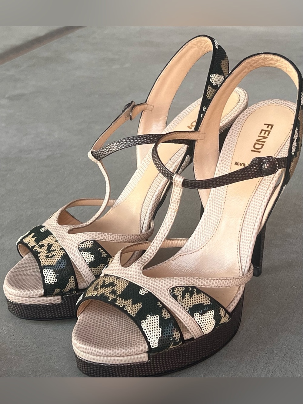 Fendi Leopard Sequin T-Strap Platform Sandals Embossed Leather EU 38